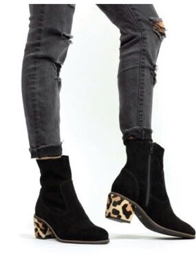 Crevo Jade Black Suede Ankle Boots with Leopard-Print Block Heel, 7